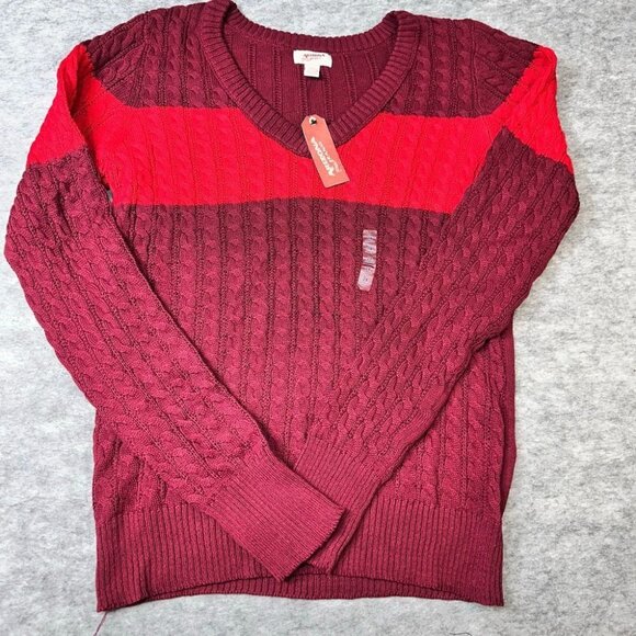 Arizona Jr. Sweater Womens 2X XXL Cable Knit V-Neck Colorblock Cabernet Red - Picture 1 of 6